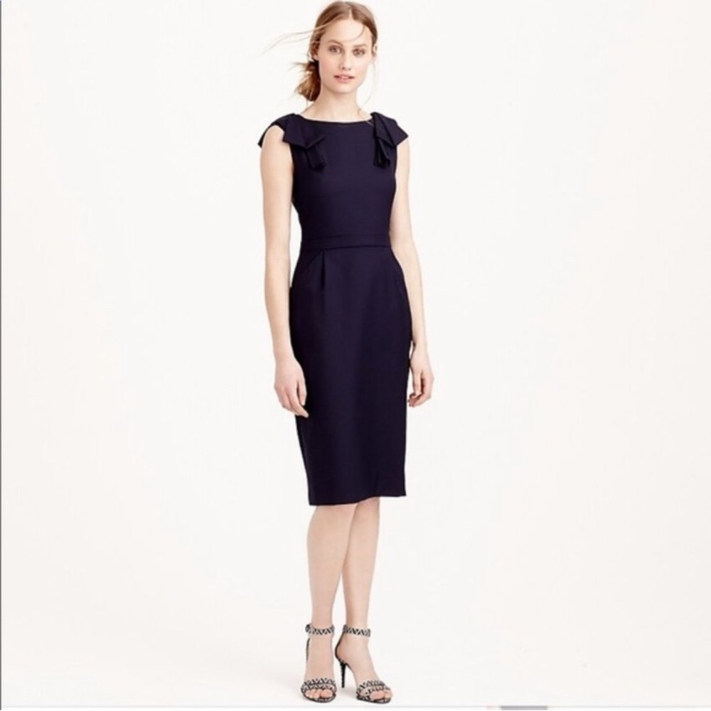 J. Crew • Navy Blue Bow Shoulder Wool Career Dress